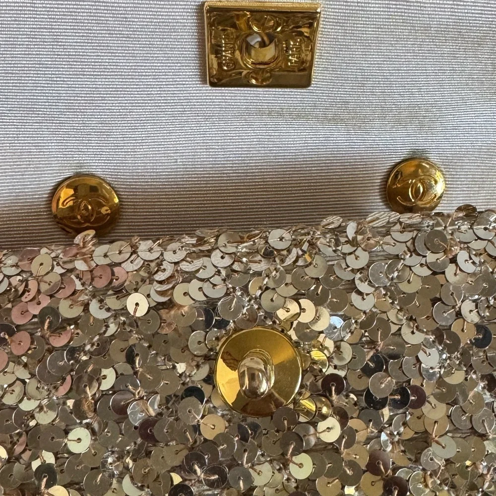 Vintage Chanel Micro Half Flap bag in gold sequin, ribbed satin, gold hardware